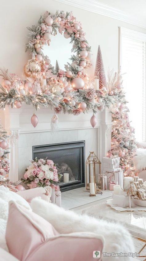 Pink Christmas Mantle, Pink Xmas Aesthetic, Pink Christmas Living Room, Decorating After Christmas Is Over, Pink And Blue Christmas Tree, Colorful Christmas Decor Ideas, Pink Christmas Garland, Valentine Decorating Ideas, Pink Christmas Theme