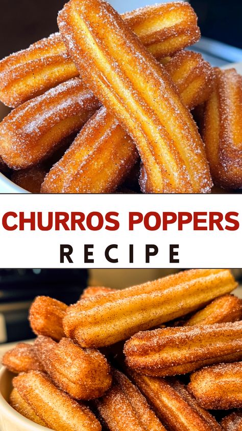 Sweet Snacks & Treats: Churros Poppers Recipe How To Make Churros, Baked Churros Recipe, Stuffed Churros, Churro Bites Recipe, Churro Recipe, Caramel Dipping Sauce, Baked Churros, Churro Donuts, Churro Maker