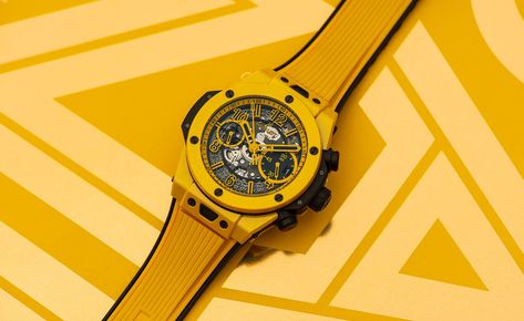 Limited to 250 pieces, the new Hublot Big Bang Unico Yellow Magic marks the beginning of a new era in ceramic cases. Horology Design, Yellow Magic, Mens Rose Gold Watch, Hublot Big Bang, Tourbillon Watch, Fancy Watches, Robb Report, Ceramic Watch, Watch Luxury