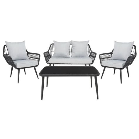 Modern Outdoor Living Space, Coffee Table With Chairs, Modern Outdoor Living, Two Armchairs, Patio Loveseat, Outdoor Lounge Set, Woven Rattan, Patio Spaces, Grey Cushions