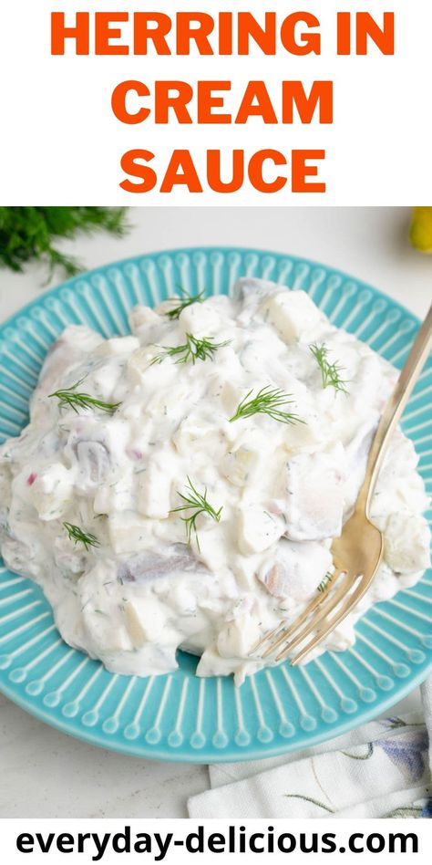 Herring in cream sauce is a delightful appetizer with pickled herring in a flavorful creamy sauce with onions, apples, and dill. Creamed Herring Recipe, Pickled Herring Recipe, Herring Recipes, Pickled Herring, Sour Cream Sauce, Easy Rice Recipes, Passover Recipes, Polish Recipes, German Food