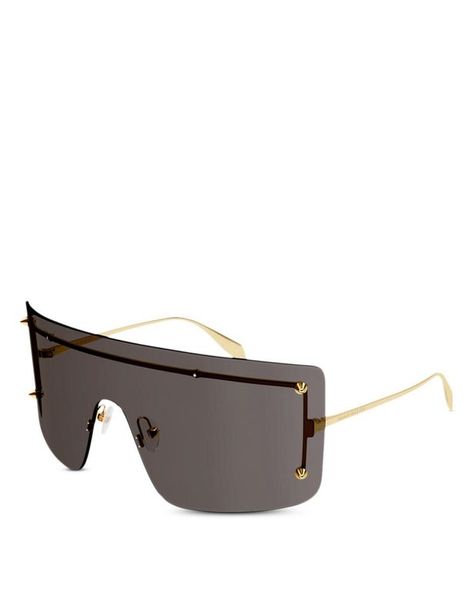 Women's Alexander McQueen Spike Studs Mask Sunglasses - Gray 100% uv protection. Logo at temples. Lens width: 99 mm. Bridge width: 1 mm. Arm length: 130 mm. Made in italy. Designer Mask, Alexander Mcqueen Sunglasses, Mask Sunglasses, Protection Logo, Sunglasses Model, Closet Organizer, Uv Protection, Alexander Mcqueen, Sunnies