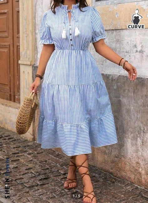 Stripe Dresses For Women, Dress For Body Shape, Blue White Striped Dress, Long Frock Designs, Simple Frocks, Dressy Casual Outfits, Blue And, Maxi Outfits, Plus Size Dress Outfits