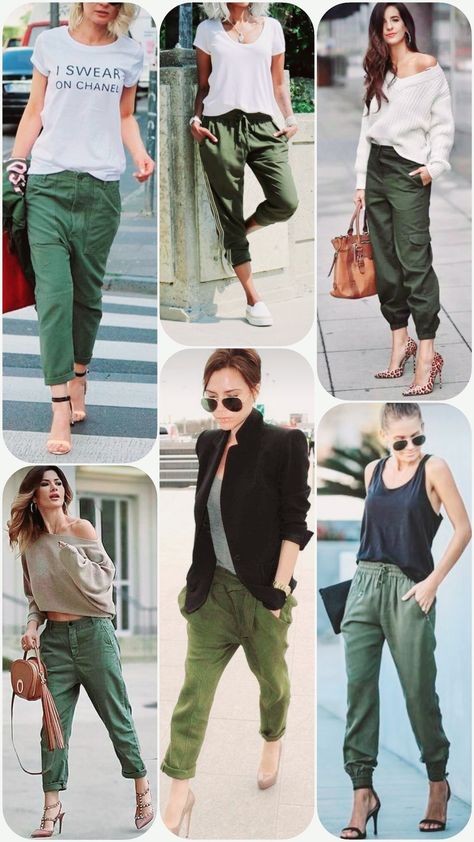 Khaki Cargo Joggers Outfit, Olive Green Cargo Outfits Women, Olive Green Trousers Outfit, Green Joggers Outfit, Cargo Outfits Women, Jogger Pants Outfit Women, Green Trousers Outfit, Joggers Outfit Women, How To Wear Joggers