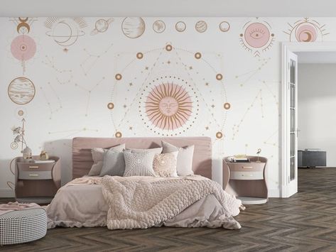 Why Are Wallpapers Becoming A Solution For Your Home Design Woes? Green Bedroom Wallpaper, Celestial Bedroom Decor, Space Galaxy Wallpaper, Nana Room, Constellation Wallpaper, Celestial Bedroom, Painting Over Wallpaper, Bedroom Decor Pink, Solar Planet