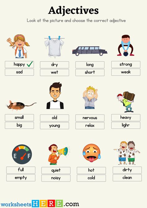 Find Correct Adjectives, Opposite Adjectives Exercises With Pictures PDF Worksheet - WorksheetsHere.com Adjective Types, Adjectives For Kids, Adjectives Exercises, Meanings Of Words, Adjectives Worksheet, List Of Adjectives, English Adjectives, Adjective Worksheet, Negative Words