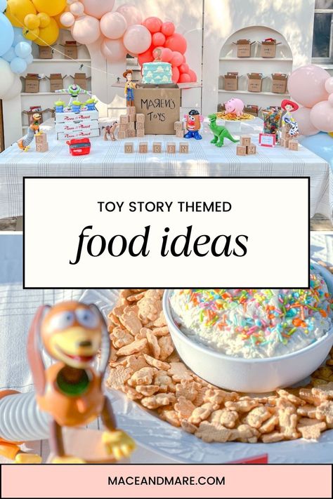 Discover these Toy Story-themed food ideas! From Buzz Lightyear rocket fuel to Woody's cowboy caviar, explore delicious food ideas inspired by your favorite Pixar characters. Perfect for kids' parties, family movie nights, or Disney themed celebrations. Get inspired and create a Toy Story culinary adventure! #ToyStory #DisneyFood #PartyIdeas #KidsRecipes #Disney #birthdayparty #twoinfinityandbeyond Toy Story Themed Snacks Parties Food, Toy Story Themed Breakfast, You Story Themed Food, Toy Story Appetizers Food Ideas, Toy Story Birthday Party Ideas Pastel, Toy Story Birthday 2 Infinity And Beyond, Toy Story Fifth Birthday, Toy Story Food Party Ideas, Food For Toy Story Birthday Party