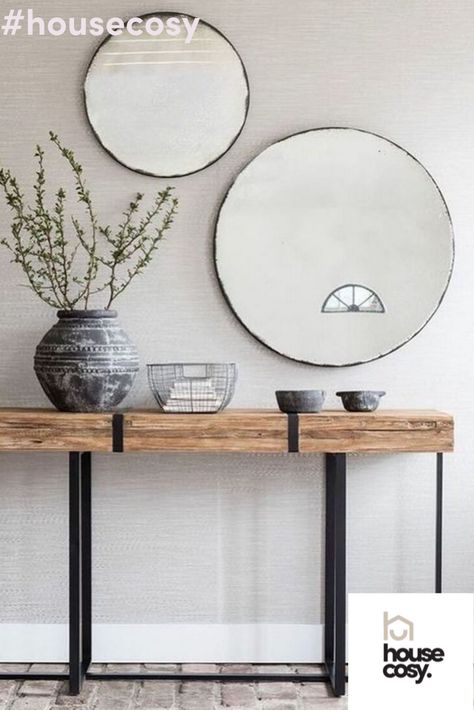 2 round mirrors above a rustic console table  #roundmirror #interiors #interiordesign #mirror #rustic #wood #inspiration #pinteresthomes Entry Table With Drawers, Interior Design Living Room Warm, Decoration Hall, Wood And Metal Table, Interior Design Living Room Modern, Mirror Metal, Table Mirror, Iron Table, Living Ideas