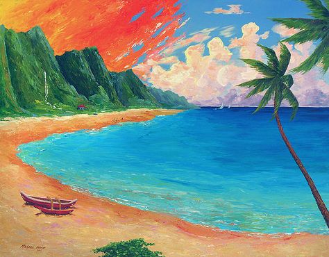 "Kauai Beach Sunset" #hawaii #painting Hawaii Painting, Drawing Sunset, Beach Sunset Painting, Sunset Canvas Painting, Summer Drawings, Beach Drawing, Tree Drawings Pencil, Beach Illustration, Sunset Background