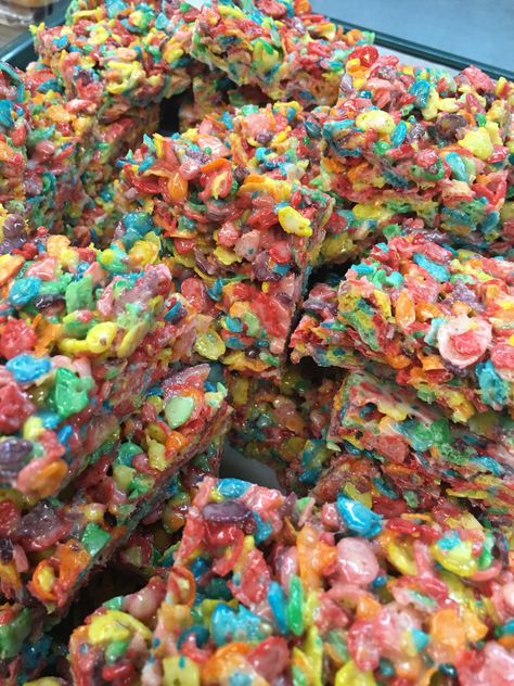 Fruity pebble rice Krispy treats Fruity Pebble Rice Krispie Treats, Rice Krispie Treats Fruity Pebbles, Fruit Loop Rice Krispie Treats, Fruity Pepples, Fruity Pebble Bars, Fruity Pebbles Rice Crispy Treats, Fruity Pebbles Treats, Fruity Pebble, Baked Dessert