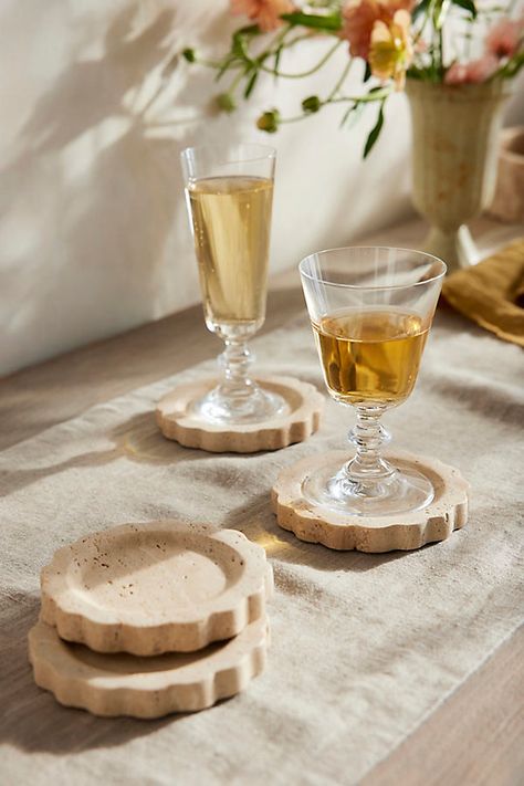 Hand-crafted especially for terrain, these travertine marble coasters add sweet detail to the coffee table or countertop with their scalloped edges. | Scalloped Travertine Coasters, Set of 4 at Terrain Travertine Marble, Push Present, Post Grad, Marble Coasters, Set Decor, Random Items, Cute Decor, Ceramic Coasters, Creative Living