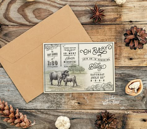 Oh Baby! Western baby shower invitation for little cowboys or cowgirls. Perfect for a cow or cattle themed baby shower. Vintage western engraving look with hand-painted watercolor artwork of an Angus cow and calf by Talia Whatcott of Wapiti Sage Design. Country Baby Shower Ideas For Boys, Western Invite, Western Engraving, Western Gender Reveal Invitations, Wanted Invitation Western, Cowboy Pregnancy Announcement, Western Baby Shower Invitations, Cow Baby Shower Invitations, Shower Funny