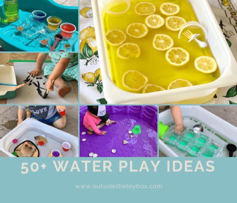 50 Water Play Ideas | Outside the Toy Box Water Activities For Toddlers, Water Play Ideas, Edible Sensory Play, Water Play Activities, Water Play For Kids, Water Table Activities, Baby Sensory Play, Sensory Activity, Water Games