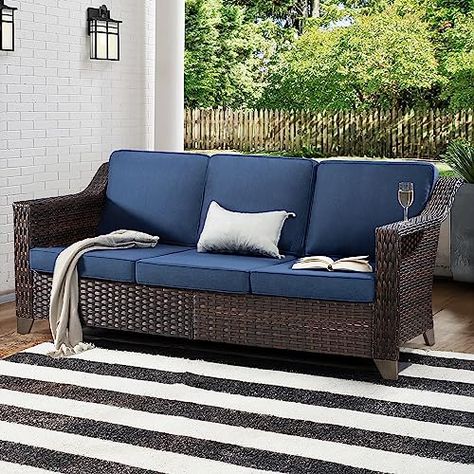 MeetLeisure Patio Sofa, All Weather Outdoor Rattan Wicker 3-Seat Sofa High Back Couch with Premium Cushions for Garden Backyard Porch(Brown/Dark Blue) Dark Blue Rooms, Outdoor Patio Sectional, Rattan Design, Patio Couch, Wicker Sectional, Backyard Porch, Patio Sectional, Wicker Sofa, Comfy Sofa