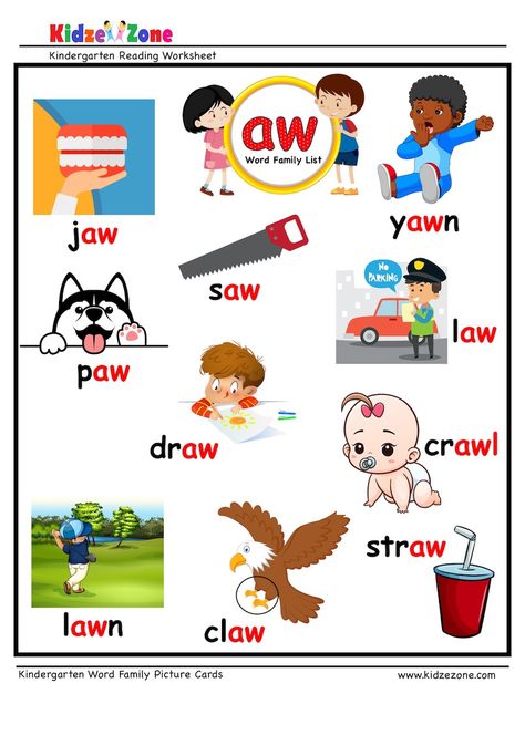 English Phonetics, Aw Words, Verbs For Kids, Word Family List, Kindergarten Word Families, Words Worksheet, Beginning Sounds Worksheets, Picture Clues, Kindergarten Reading Worksheets