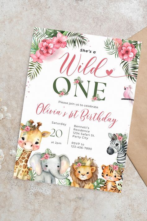 Pink Safari Birthday Party Invitations, Pink Wild One Birthday Party, Girls Wild One Birthday Party, Safari Birthday Party Girl, Wild One First Birthday Girl, Pink Safari Birthday Party, 1st Birthday Party Ideas Girl, Girl 1st Birthday Party Ideas, 1 Year Birthday Party Ideas