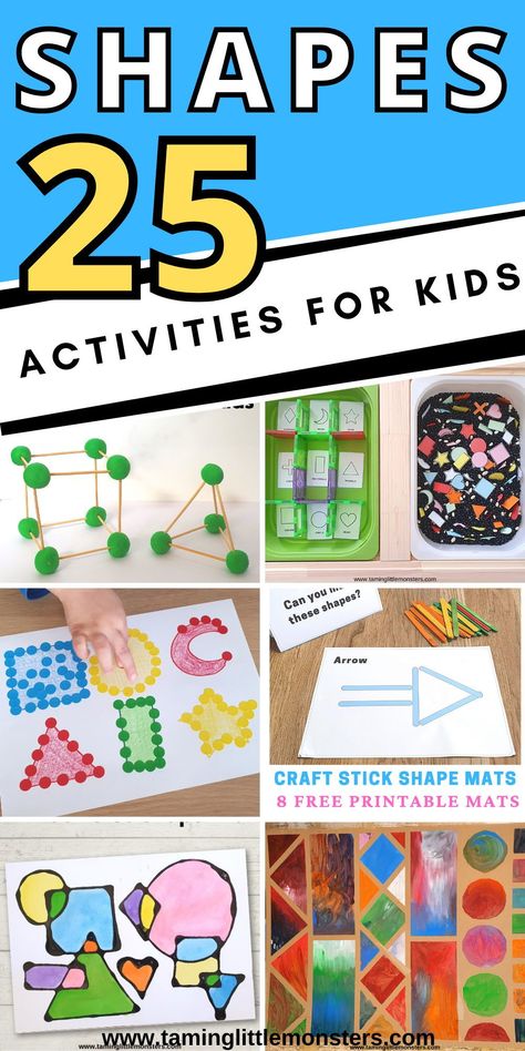 25 Shape Activities for Kids. Play ideas that help toddlers and preschoolers to learn their shapes. #shapes #toddlers #preschoolers Shapes Physical Activities Preschool, Shape Math Activities Preschool, Toddler Shapes Activities, Shape Art For Toddlers, Shapes Toddlers, Shape Activities For Toddlers, Preschool Shape Activities, Shapes Preschool Crafts, Kids Play Ideas