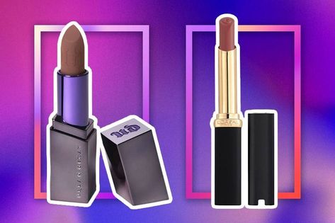 Collage of Urban Decay Vice Lipstick and L’Oréal Paris Colour Riche Intense Volume Matte Lipstick on a pink and purple background Best Brown Lipstick, Medium Olive Skin, 2023 Makeup, Urban Decay Vice Lipstick, Cream Lip Stain, Lipstick Shade, Brown Lipstick, Fair Skin Tone, Olive Skin