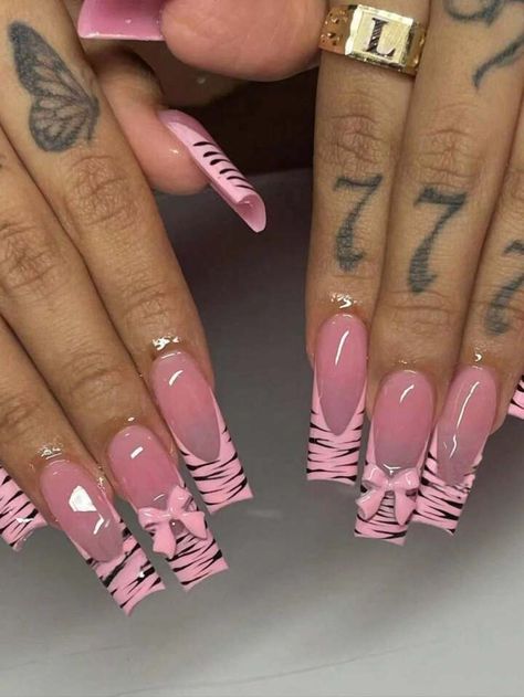 24pcs Extra-Long Coffin Shaped Pink & French Black Stripes With 3d Bowknot Design Nail Kit & 1pc Nail File & 1pc Jelly Gel | SHEIN USA Nail Ideas Extra Long, Bright Pink And Black Nails, Black And Pink French Tip Nails, Pink Extra Nails, Jelly French Tip Nails, Hot Pink Nails French Tip, Pink And Black French Tip Nails, Jelly Pink Nails, Pink Nail Tips