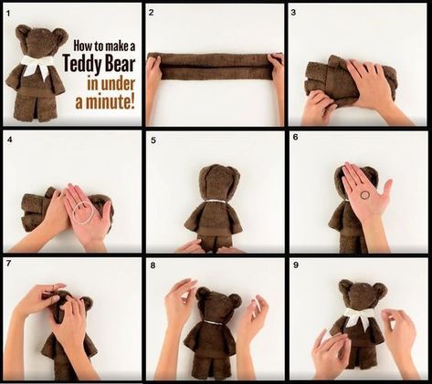 Towel Teddy Bear | Do It And How | Bloglovin’ Washcloth Teddy Bear, Torturi Baby Shower, Make A Teddy Bear, Perlengkapan Bayi Diy, Washcloth Animals, Towel Origami, Washcloth Crafts, Towel Cakes, Idee Babyshower