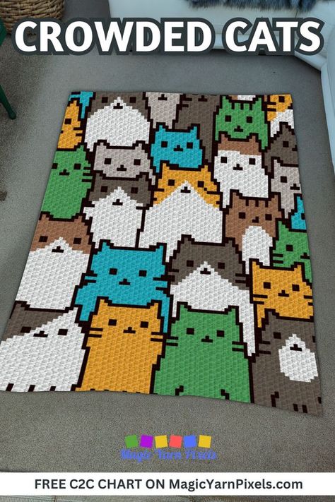 Crochet a baby blanket with the Crowded Cats design using my free crochet graph. It's the perfect gift for cat lovers on any occasion. Download the free crochet graph from MagicYarnPixels. Written C2C and row-by-row patterns with multipage graphs are also available. Cat Crochet Pattern Free Blanket, C2c Cat Pattern, Pixel Blanket Crochet, C2c Crochet Graph Patterns Free Charts, Fall Crochet Blanket Patterns Free, C2c Crochet Pattern Free Beginner, Cat Crochet Blanket, Crochet Cat Blanket, Bedroom Crochet