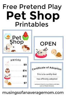 Free pretend play pet shop printables including 3 signs, prices and pet adoption certificate Pet Store Preschool Dramatic Play, Creative Curriculum Pet Study Ideas, Preschool Pet Adoption, What Pet Should I Get Activities Preschool, Pet Dramatic Play Preschool, Pet Store Preschool, Preschool Pets Unit Free Printable, Pet Shop Sign, Dramatic Play Pet Store