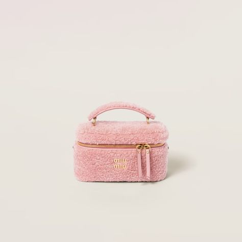 Pink Shearling Shoulder Bag With Leather Details | Miu Miu Pink Chanel Bag, Jeweled Earrings, Pink Chanel, Pocket Bag, Pink Earrings, Small Leather Goods, Leather Handle, Harrods, Chanel Bag