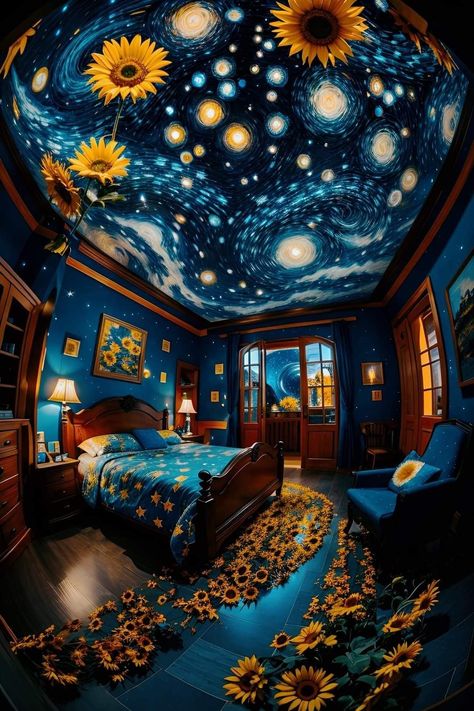 Van Gogh Inspired Room, Van Gogh Living Room, Starry Night Theme Party, Van Gogh Night, Van Gogh Design, Boys Bedroom Colors, Imprimibles Paw Patrol, Starry Night Wallpaper, Ideas Cuarto