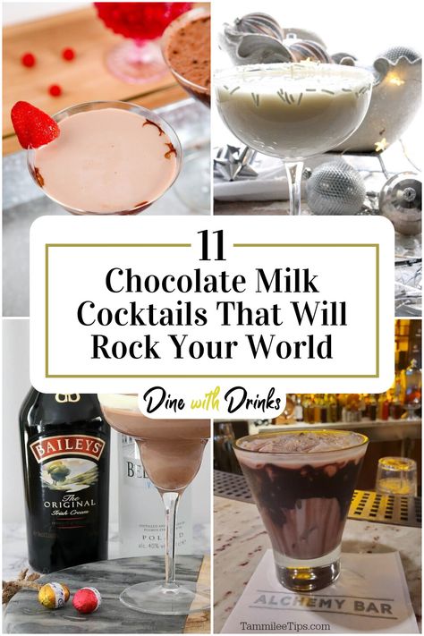 Collage of 4 chocolate milk cocktails. Moose Milk Recipe, Chocolate Alcoholic Drinks, Milk Cocktails, Chocolate Margarita, Chocolate Cocktail Recipes, Best Chocolate Milk, Chocolate Milk Mix, Vanilla Cocktail, Chocolate Vodka