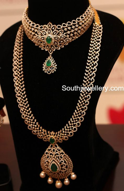 Diamond Choker and Long Chain Set Lakshmi Jewellery, Indian Bridal Jewelry Sets, Gold Jewelry Simple Necklace, Gold Necklace Indian Bridal Jewelry, Diamond Necklace Designs, Bridal Diamond Jewellery, Indian Jewellery Design Earrings, Diamond Necklace Set, Diamond Jewelry Necklace