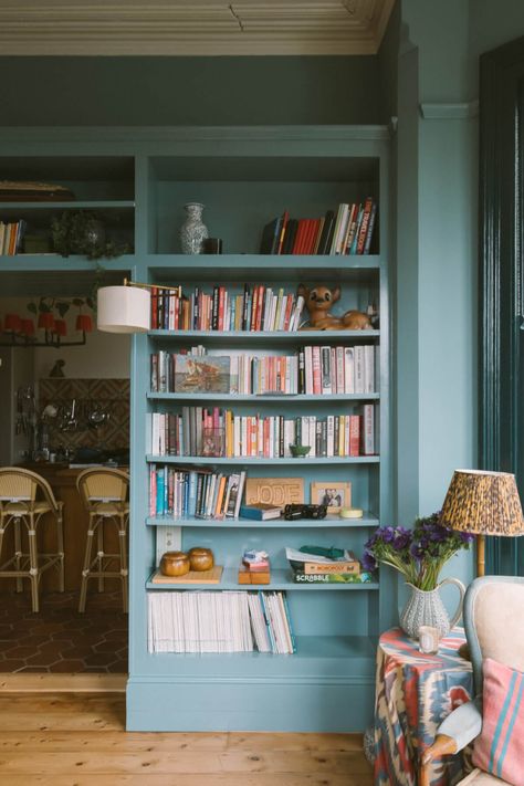 House Upstairs, Vintage Eclectic Home, Charming Dining Room, Colorful Backsplash, Room 2023, Living Room Built Ins, 2 House, Blue Dining Chair, Rustic Wooden Table