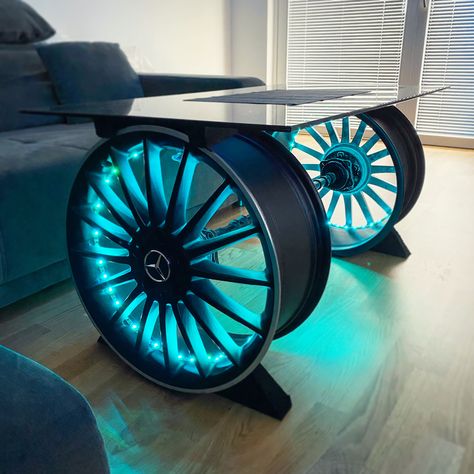 Garage Decorating Ideas, Garage Decorating, Wheel Coffee Table, Mechanic Shop Decor, Car Part Art, Bar Deco, Car Parts Decor, Garage Furniture, Mechanic Shop