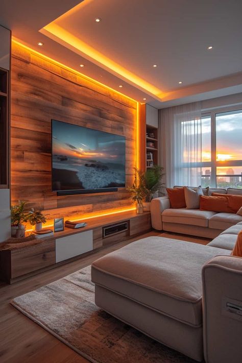 13 Modern Living Room Ideas That Will Leave Your Guests Speechless | DIY Vibes Tv Wall Wood Panel, Tv Wall Wood, Living Room Tv Stands, Living Room Colour Design, Wall With Storage, Wall Wood Panel, Mounted Tv Ideas Living Rooms, Tv Wall Design Luxury, Modern Tv Room