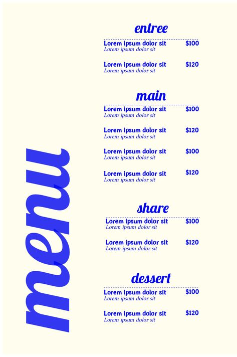 This menu template is a great starting point for your next design project. It is professionally designed and will help you deliver your message more effectively. Cool Menus Design, Menu Ideas Design Restaurants, Clean Menu Design, Online Menu Design, Blue Menu Design, Small Menu Design, Minimal Menu Design, Menu Ideas Design, Menu Layout Design