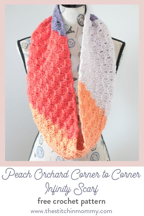 Peach Orchard C2C Infinity Scarf - Free Crochet Pattern | Scarf of the Month Club hosted by The Stitchin' Mommy and Oombawka Design | www.thestitchinmommy.com #ScarfoftheMonthClub2019 Crochet Pattern Scarf, Free Crochet Scarf, Corner To Corner Crochet Pattern, Peach Orchard, Crochet Scarf Pattern, Crochet Patterns Free, Corner To Corner Crochet, Scarf Patterns, Crochet Scarf Pattern Free