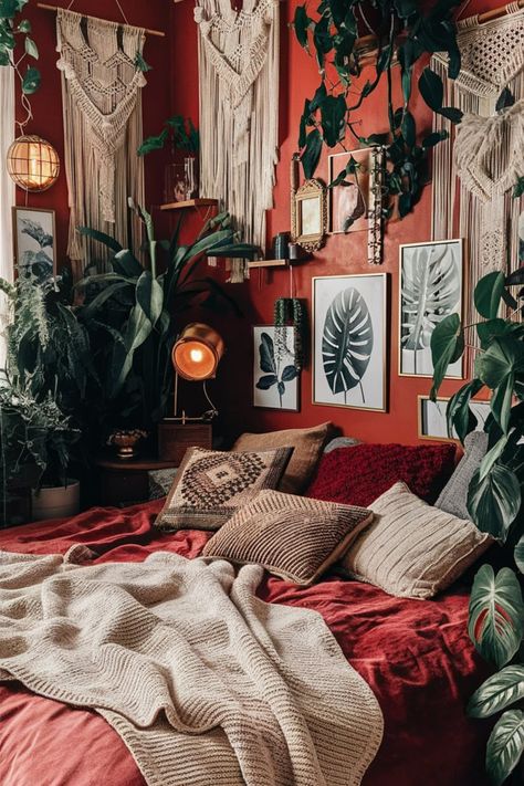 Create a vintage-inspired bohemian haven with deep reds, golds, and greens. Add macrame wall hangings, oversized knitted blankets, and retro lighting fixtures for a warm, inviting aesthetic. #VintageBohoStyle #CozyBohemianDecor #EarthyBedroomVibes #BohoChicDesign #RetroBohoHaven #MacrameDecor #PatternedCushions #BotanicalArtDecor #KnittedBlankets #LushPlantAesthetics Retro Aesthetic Bedroom, Inviting Aesthetic, Bedroom Bohemian, Macrame Wall Hangings, Earthy Bedroom, Boho Chic Design, Bedroom Updates, Purple Themes, Vintage Boho Fashion