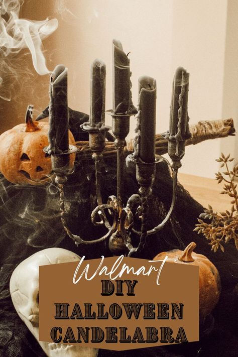 diy spooky halloween candelabra Halloween Decor Cheap, Diy Candelabra, Walmart Diy, Halloween Candelabra, Pottery Barn Hacks, Halloween Candlesticks, Witch's Cottage, Diy Candle Sticks, Vintage Halloween Decor