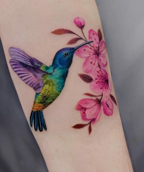 Colorful Hummingbird Tattoo, Hummingbird Tattoo Meaning, Hummingbird Flower Tattoos, Hummingbird Tattoos, Small Hummingbird Tattoo, Bird Tattoos For Women, Colorful Hummingbird, Female Tattoos, Tattoos For Women Flowers