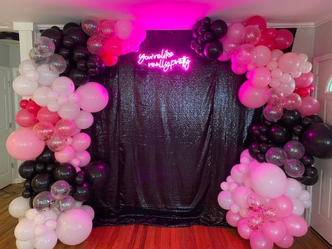 Pink, black and white balloon arch Black White And Pink Bachelorette Party, Bad Girls Club Theme Party, Black And Pink Bachelorette Party, Pink And Black Party Theme, Pink And Black Bachelorette Party, Black Bachelorette Party, Theme Bachelorette Party, Mean Girls Party, 18th Party