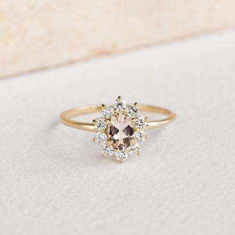 Sunburst Morganite Halo Ring - Evelina 0.4 Carat Oval Engagement Ring, Halo Oval Engagement Rings, Linjer Jewelry, Morganite Halo Ring, Sunburst Ring, Morganite Gemstone, Future Engagement Rings, Yellow Diamond Rings, Unique Engagement Ring