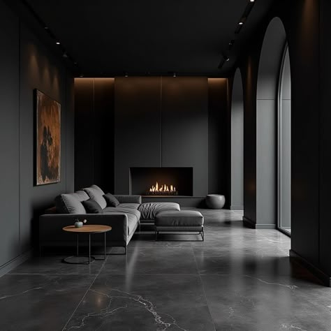 Black Home Interior Design, Black Home Interior, Black Luxury House, Off Center Fireplace, Dark Modern House, Dark Interior Design, Dark Dining Room, Black Living Room Decor, Dark Modern