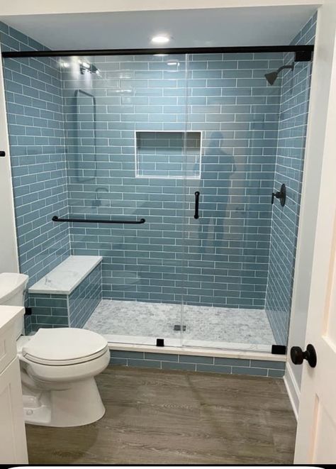 Teal Tile Shower Ideas, Coastal Bathroom Shower Ideas, Colorful Shower Tile Ideas, Shower Tile Ideas White, Niche Tile Ideas, White Shower Niche, Teal Shower Tile, Shower Tile Ideas Bathtub, Shower Niche Tile Ideas