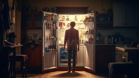 Man In Kitchen Opening Fridge Door Looking back view. Generative AI royalty free stock photography Man In Kitchen, Fridge Illustration, Kitchen Opening, Fridge Photos, Fridge Door, Back View, Stock Photography Free, In Kitchen, Looking Back