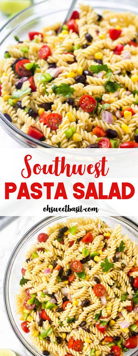 Southwest pasta salad is filled with corn, black beans, and tons of veggies. It's a delicious, easy pasta salad recipe that's perfect for BBQs and potlucks. #pastasalad #potluck #southwest Spicy Ranch Chicken Pasta Salad, South Western Pasta Salad, Easy Pasta Salad With Chicken, Santa Fe Pasta, Southwest Chicken Pasta Salad, Cold Chicken Pasta Salad Recipes, Salad Southwest, Southwest Chicken Pasta, Cold Chicken Pasta Salad