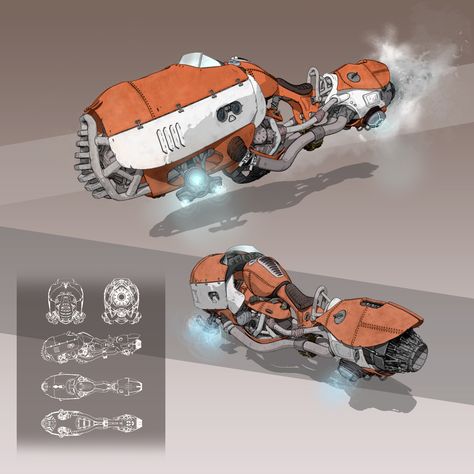 Dieselpunk Hover Bike Concept by Víctor Boto Hover Motorcycles, Future Bike Concept, Futuristic Hover Bike, Hover Bike Concept, Futuristic Bike, Dieselpunk Vehicles, Hover Bike, Hover Car, Bike Concept