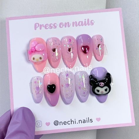 My Melody Press On Nails, My Melody And Kuromi Nail Art, My Melody Kuromi Nails, Kuromi Press On Nails, Melody And Kuromi Nails, Diy Press On Nails Designs, Mymelody Nails, My Melody And Kuromi Nails, Nail Kuromi