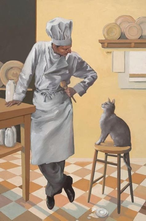 Jacqueline Osborn, Happy Chef, Chef Art, Spilled Milk, Digital Museum, Collaborative Art, Norman Rockwell, Art Themes, Cat Illustration