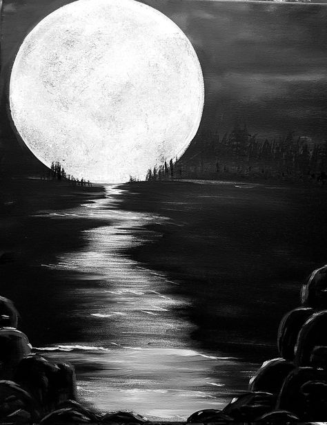 Cute Paintings On Black Canvas, Cool Black Canvas Paintings, Grey And Black Painting Ideas, Black Canvas Moon Painting, Black And White Sketch Art, Moon Charcoal Drawing, Charcoal Painting Ideas, Charcoal And Pastel Drawing, Black And White Tree Painting