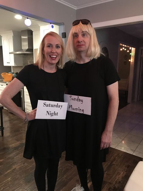 She is Saturday Night and he is Sunday Morning! #halloween Couples Halloween Costume, Night Hairstyles, Halloween Costume Idea, Duo Halloween Costumes, Couples Halloween, Couple Halloween, Couple Halloween Costumes, Saturday Morning, Saturday Night