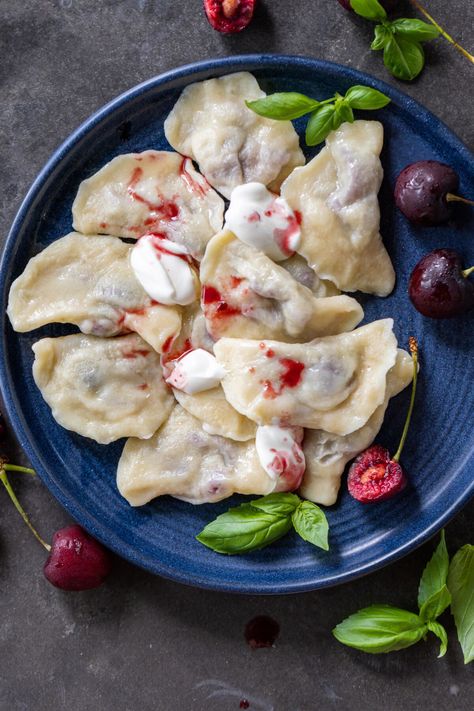 Cherry Vareniki (Cherry Dumplings) Cherry Dumplings Recipe, Cherry Dumplings, Polish Plum Dumplings, Czech Dumplings Recipe, Cherry Vareniki, Food Sampling, Perogies Recipe, Polish Potato Dumplings (kopytka) Recipe, Pierogi Recipe